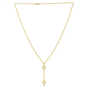 Double Cross Drop Necklace in 14K Yellow Gold