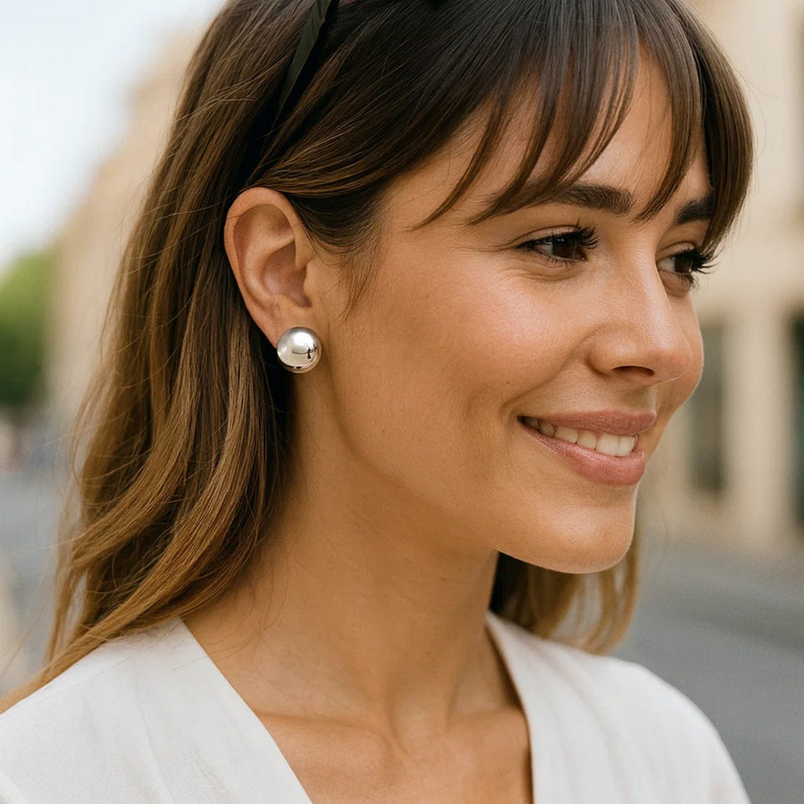 Sterling Silver Rhodium Plated Puffed Button Omega Earrings