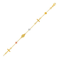 14k Tri Color Gold Bracelet with Crosses Cubes and Medallions