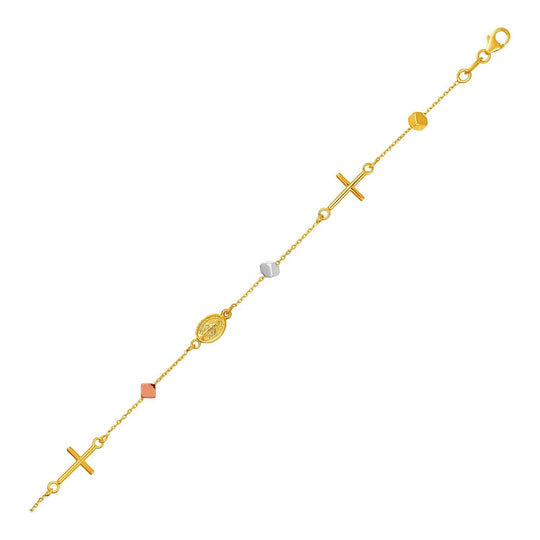 14K tri-color gold bracelet with cross, cube, and medallion link stations