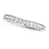 14K white gold curved wedding band with round diamond stones along the arc thumbnail 1