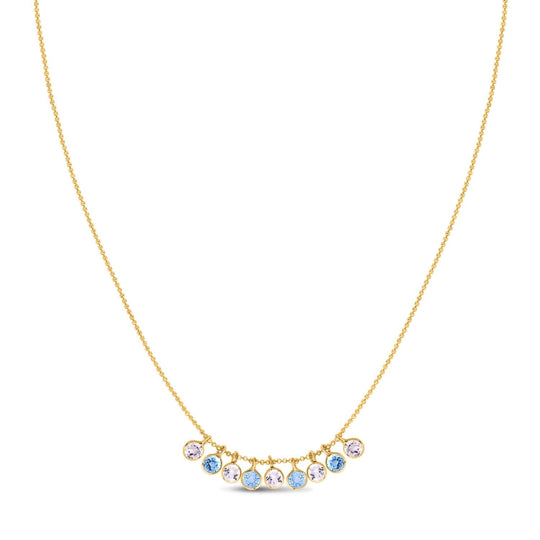 14K yellow gold necklace with blue and white topaz dancing drop pendant