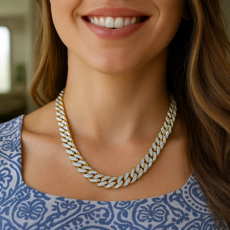 14k Two Tone Gold Miami Cuban Chain Necklace with White Pave