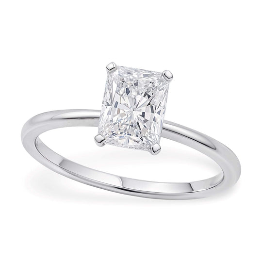 10K white gold ring with one radiant lab grown diamond in a solitaire setting