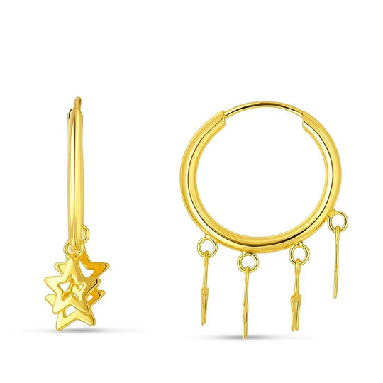 14K Yellow Gold Endless Star Charm Huggie Hoop Earrings