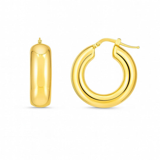 14K yellow gold medium puffy hoop earrings with rounded dimensional profile
