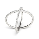 14K white gold X style thin ring with round diamond stones thumbnail 1