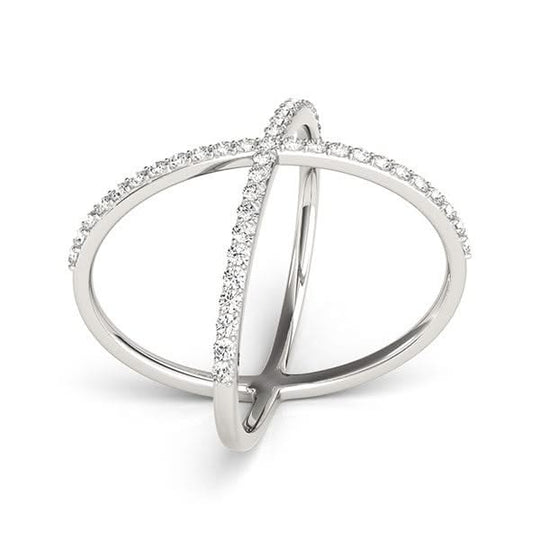 14K white gold X style thin ring with round diamond stones