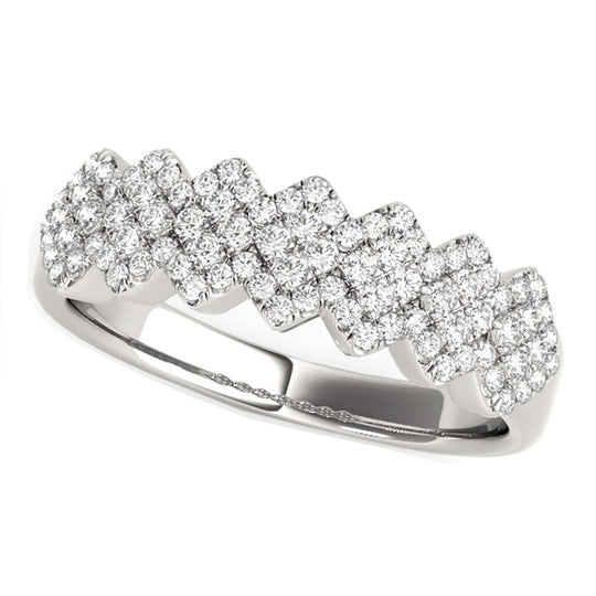 14K white gold ring with diagonal rows of round diamond stones