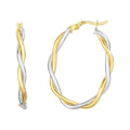 10K two-tone gold oval twist hoop earrings with no stones