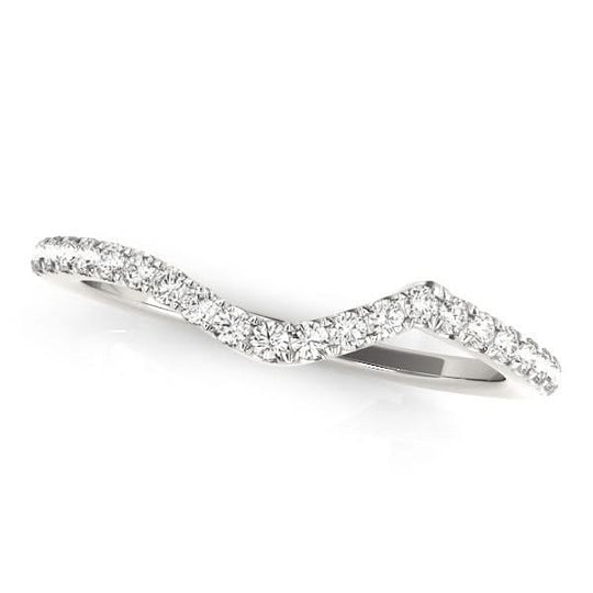 14K white gold wedding band with curved row of round diamond stones