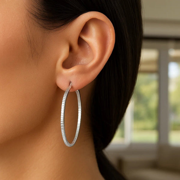 Ridge Textured Hoop Earrings in Sterling Silver