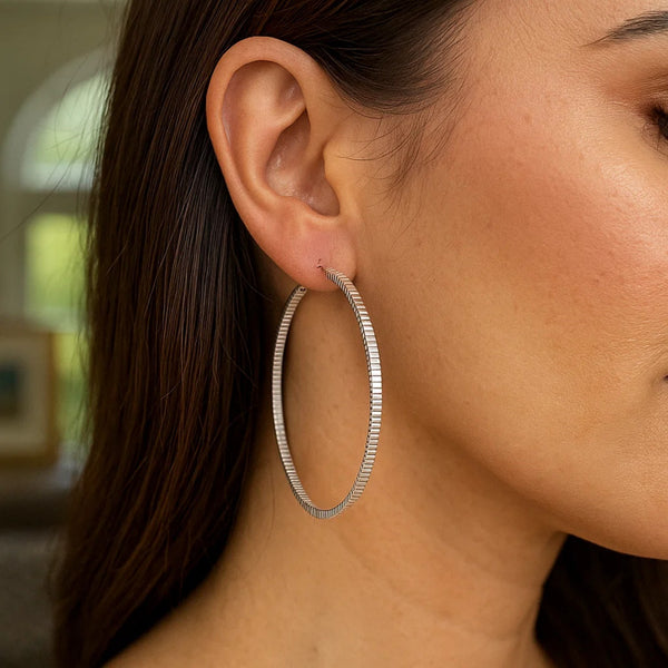 Ridge Textured Hoop Earrings in Sterling Silver