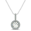 14K white gold pendant with round diamond and halo of accent stones