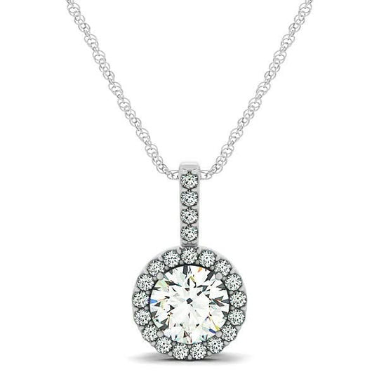 14K white gold pendant with round diamond and halo of accent stones