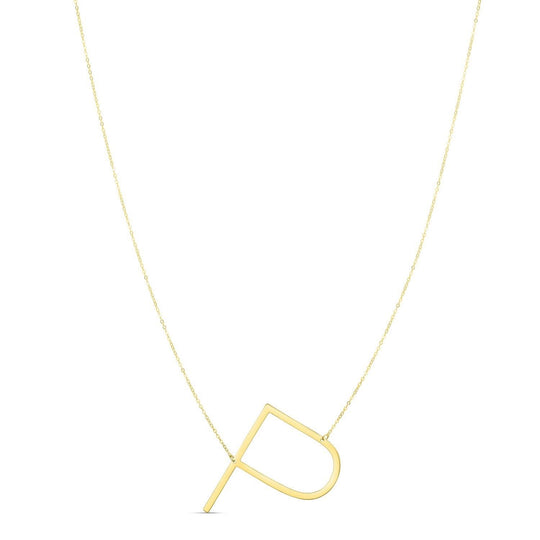 14K yellow gold initial P script pendant necklace with polished edges
