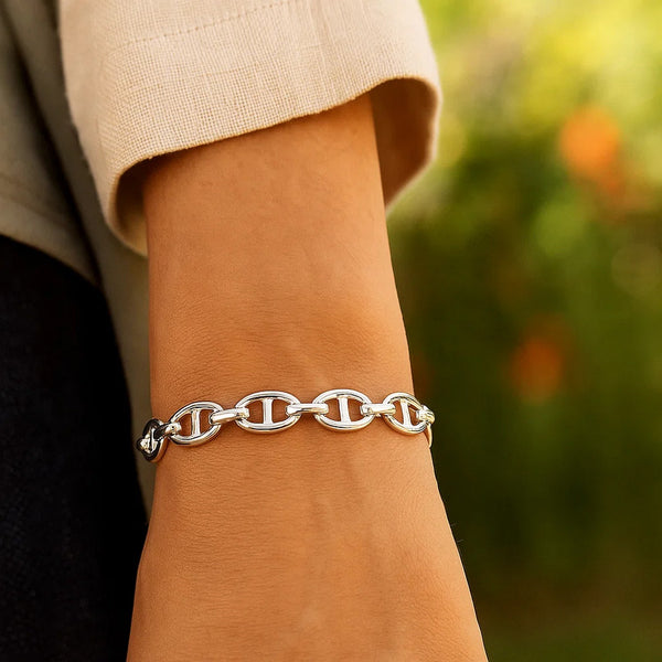 Sterling Silver Rhodium Plated Puffed Mariner Bracelet (9.00 mm)