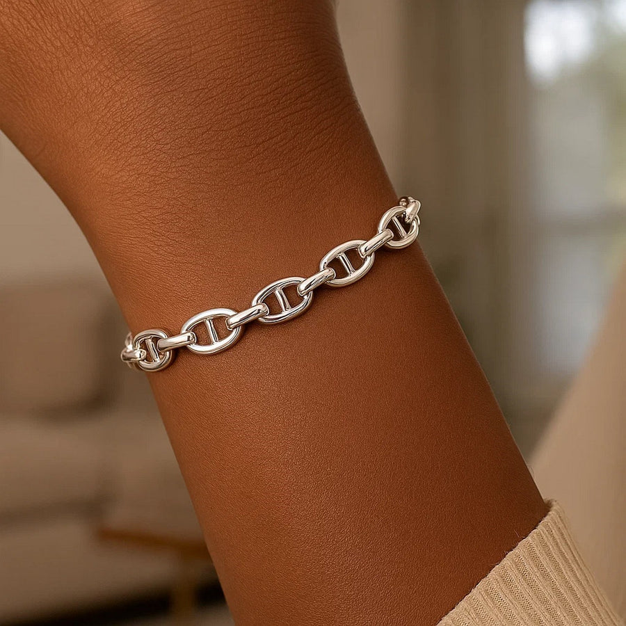 Sterling Silver Rhodium Plated Puffed Mariner Bracelet (9.00 mm)