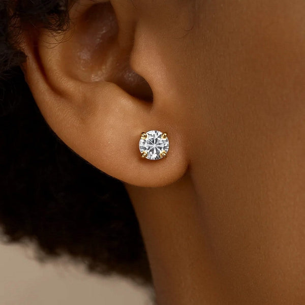 14k Yellow Gold Stud Earrings with White Hue Faceted Cubic Zirconia(5mm)