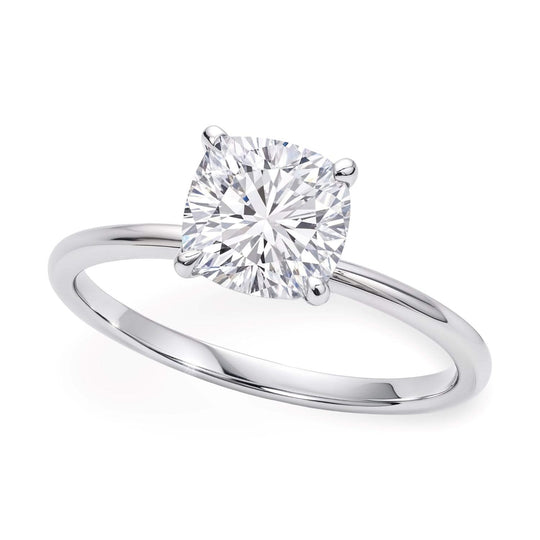 10K white gold ring with one cushion diamond stone in solitaire setting