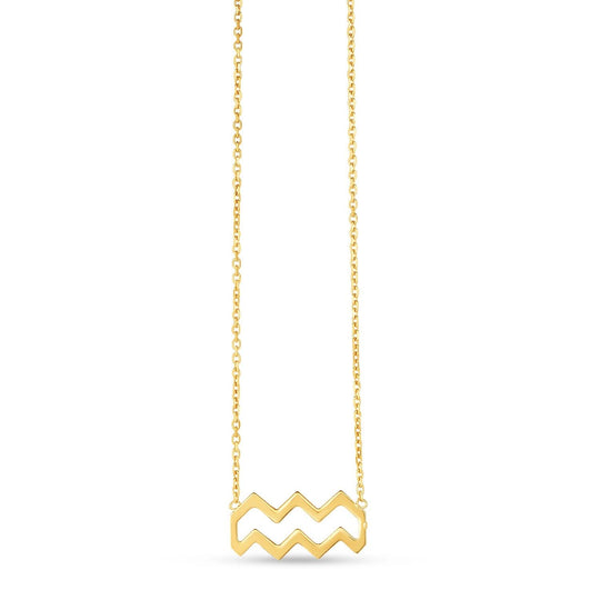 14K yellow gold Aquarius zodiac pendant necklace with cut-out glyph design