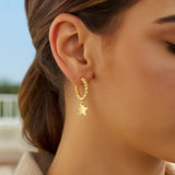 14K Yellow Gold Drop Star Charm Beaded Hoop Earrings thumbnail 2