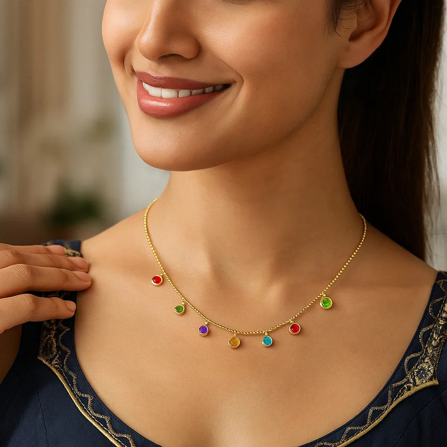14k Yellow Gold Cable Chain Necklace with Round Multi-Tone Charms