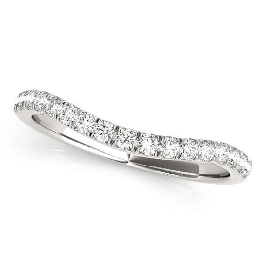 14K white gold curved wedding band with round pave diamond stones