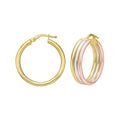 14K tri-color gold trinity tube hoop earrings with polished yellow, white, rose bands