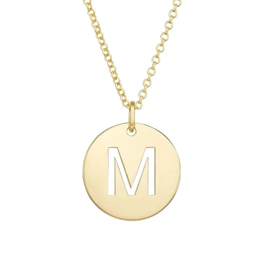 14K yellow gold disc initial M pendant with cut-out letter