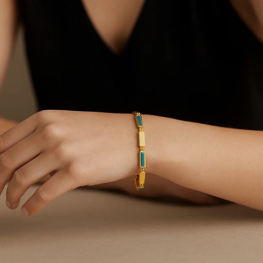 14K Yellow Gold Turquoise Rectangle Links Bracelet (3.50 mm)