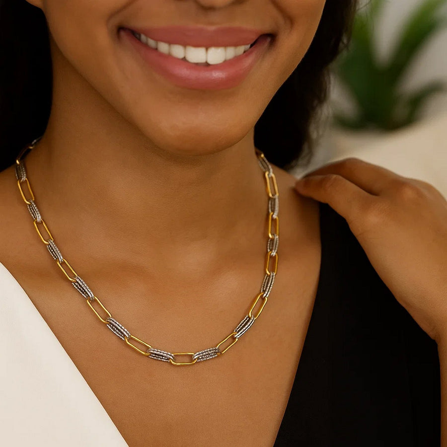 14K Two Tone Gold Diamante Paperclip Necklace (6.20 mm)