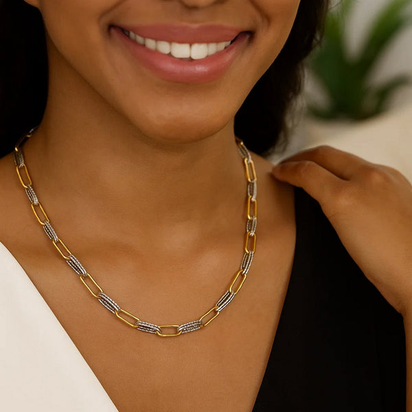 14K Two Tone Gold Diamante Paperclip Necklace (6.20 mm)
