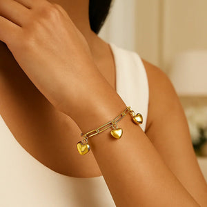14K Yellow Gold Puffed Heart Charm Bracelet