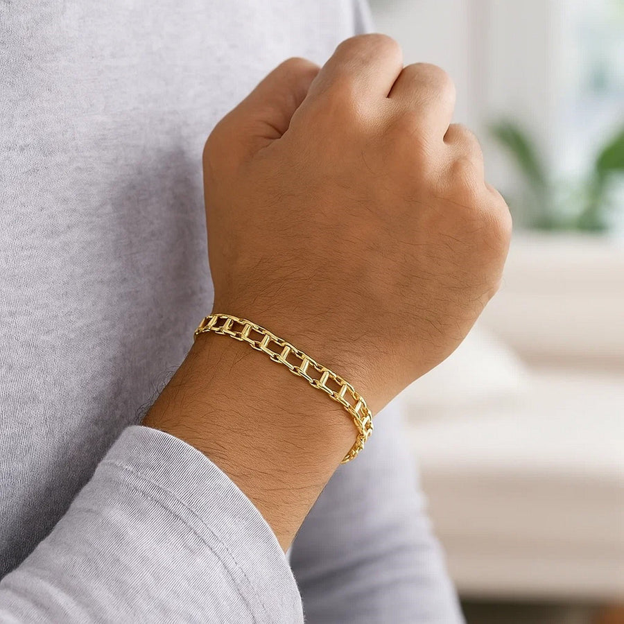 14k Yellow Gold Men's Bracelet with Rail Motif Links