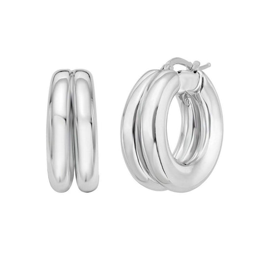Sterling silver 925 puffed double row hoop earrings with rounded profile