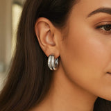 Sterling Silver Puffed Double Row Hoop Earrings thumbnail 3