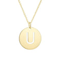 14K yellow gold disc initial U pendant with cut-out letter