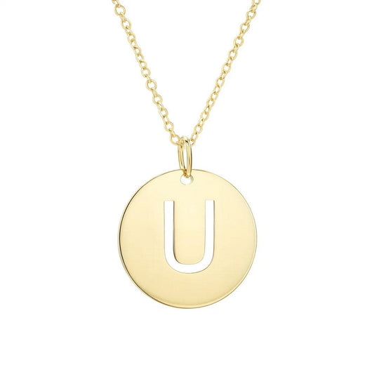 14K yellow gold disc initial U pendant with cut-out letter