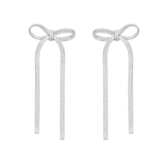 925 sterling silver snake chain bow drop dangle earrings, polished finish