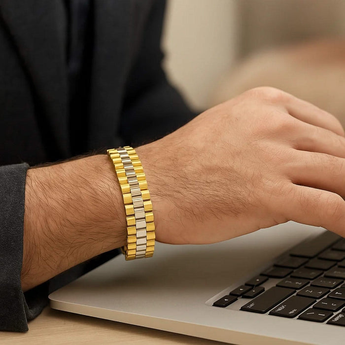 14k Two Tone Gold Mens Panther Link Bracelet (12.30 mm)