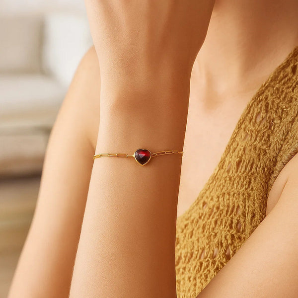 14K Yellow Gold Garnet Heart Bracelet