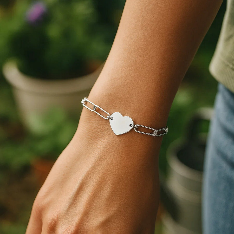 Sterling Silver Rhodium Plated Engravable Heart Paperclip Bracelet (2.10 mm)
