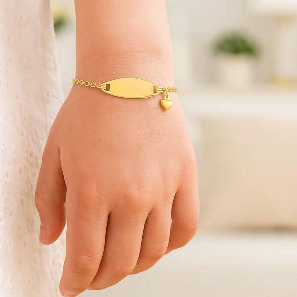 14k Yellow Gold Heart Accented Childrens Cable Chain ID Bracelet (6.35 mm)