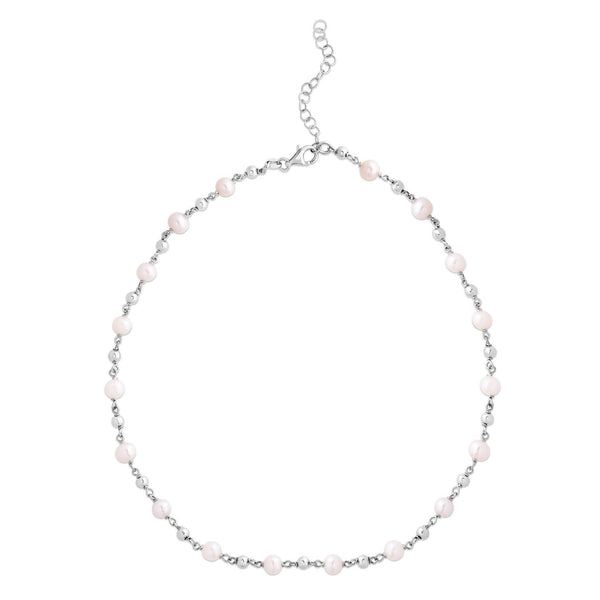 Sterling Silver Rhodium Plated Freshwater Pearl Bead Necklace