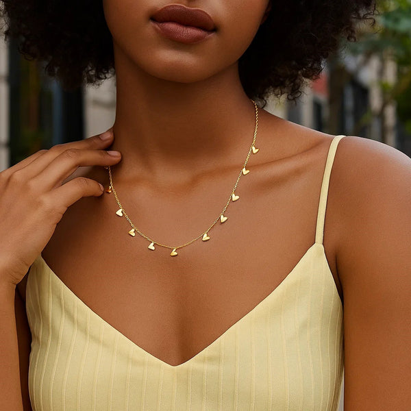 14K Yellow Gold Necklace with Dangling Hearts