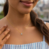 14K Yellow Gold Mini Diamond R Initial Pendant Necklace thumbnail 5