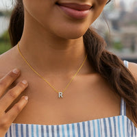 14K Yellow Gold Mini Diamond R Initial Pendant Necklace