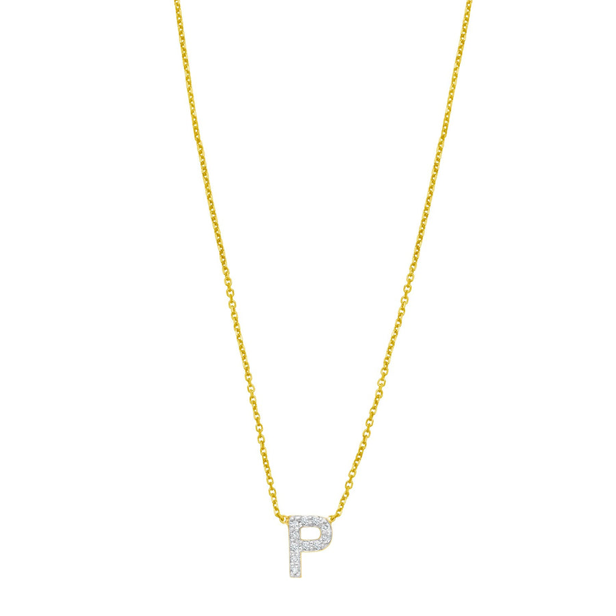 14K Yellow Gold Mini Diamond P Initial Pendant Necklace