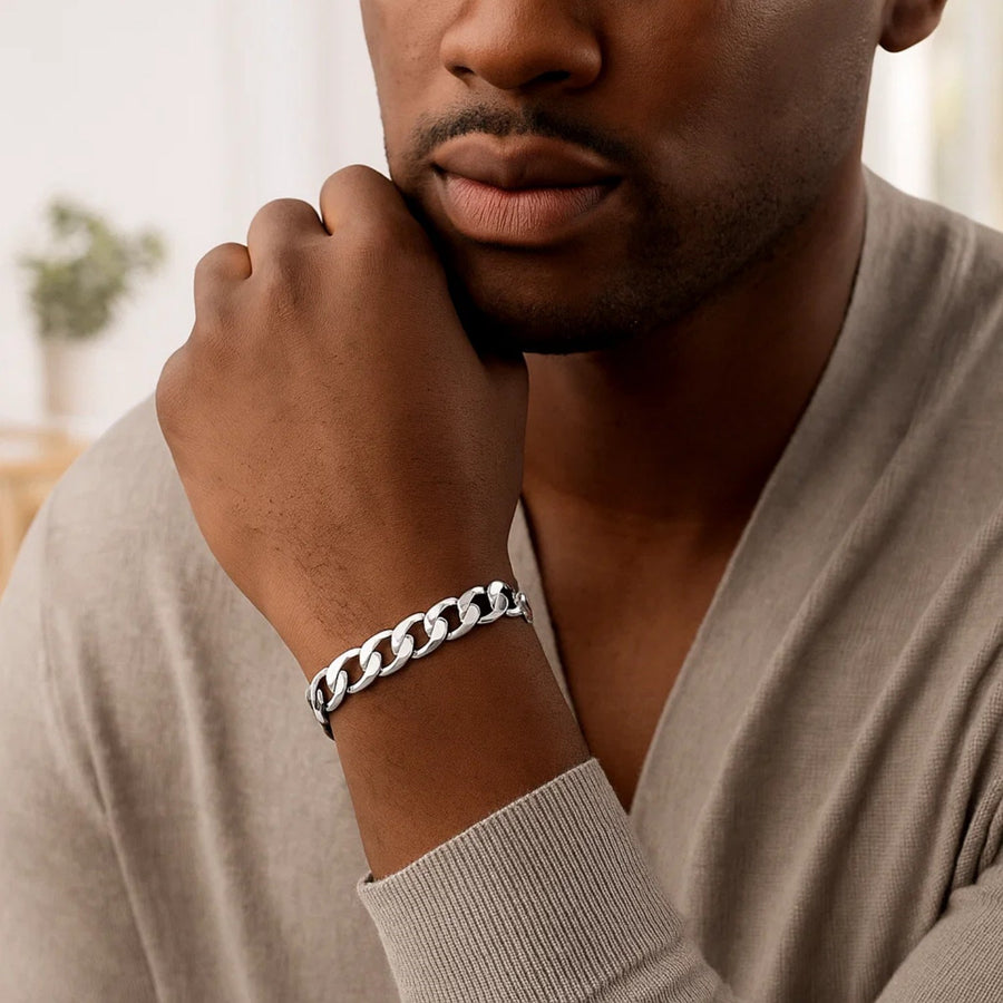Rhodium Plated 8.4mm Sterling Silver Curb Style Bracelet